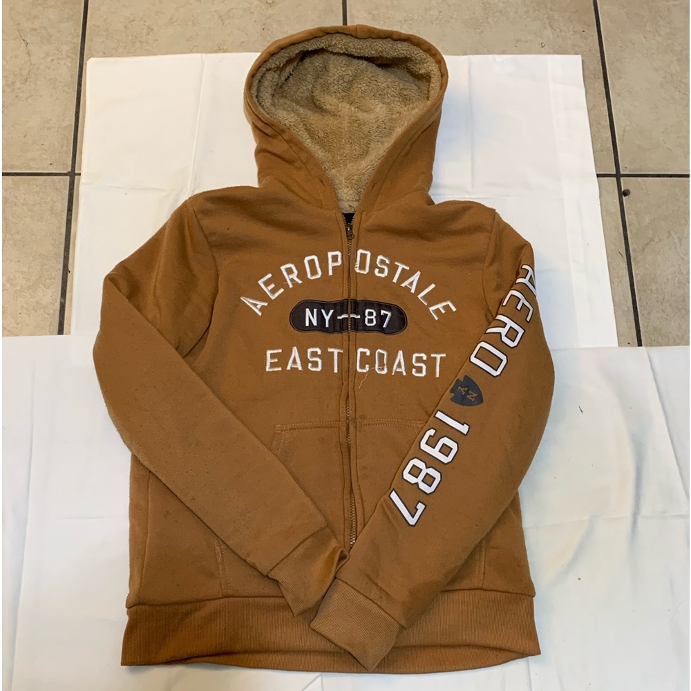 Y2K Aeropostale NY 87 East Coast Light Brown Size Large Zip Up Wool Fur Hoodie